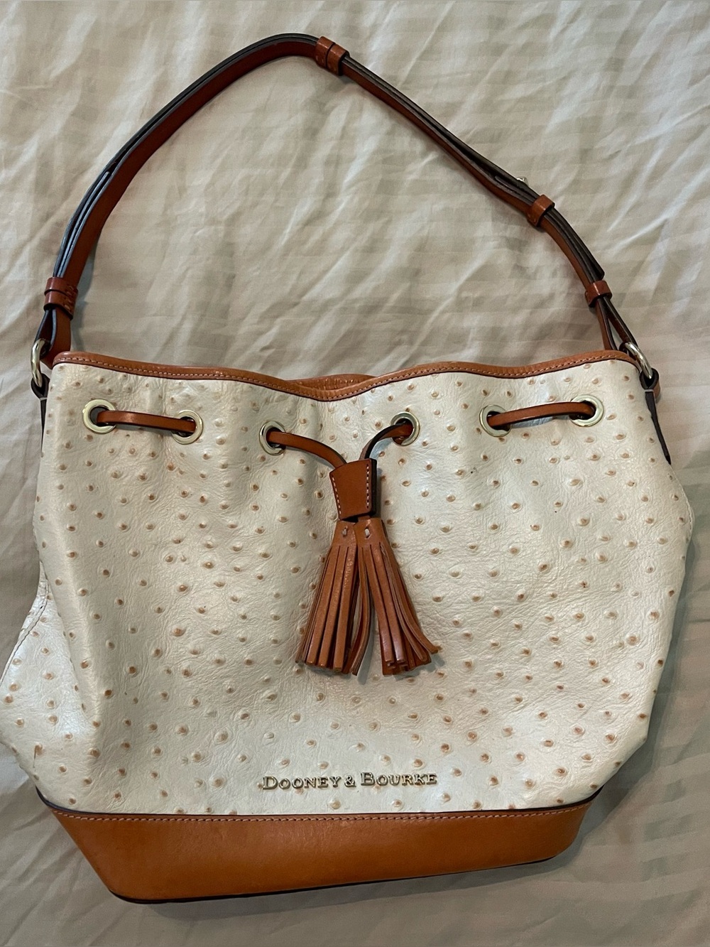 Dooney & Bourke Cream Ostrich Embossed Leather Drawstring Bucket Bag